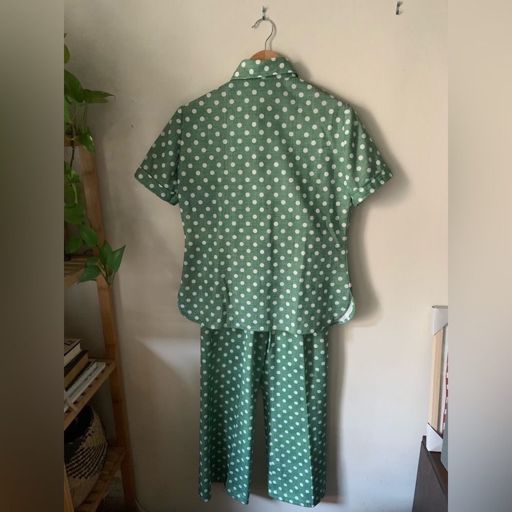 ✨VINTAGE✨ Jack Bryan // 1970s Green Polka Dot Pant Set - Picture 2 of 15